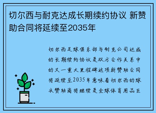 切尔西与耐克达成长期续约协议 新赞助合同将延续至2035年