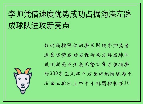 李帅凭借速度优势成功占据海港左路成球队进攻新亮点